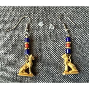 Egyptian Revival Cat Lover Bastet Dangle Pierced Earrings Pewter Carnelian Beads